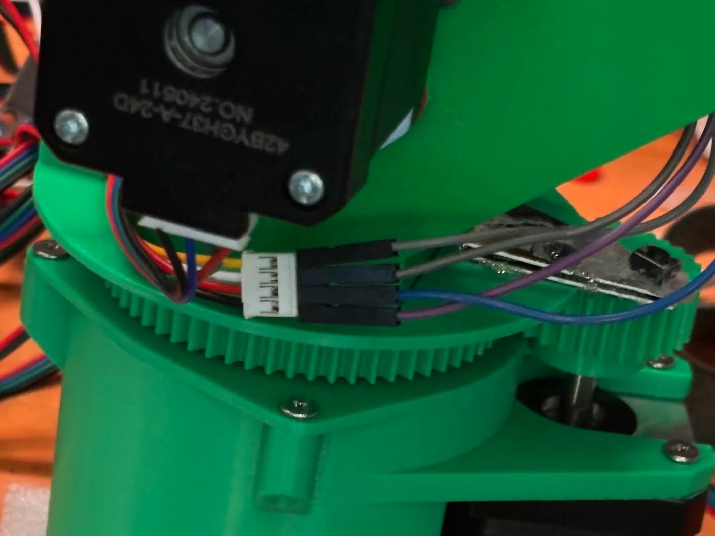 Closeup of the homing switch wiring on the arm base