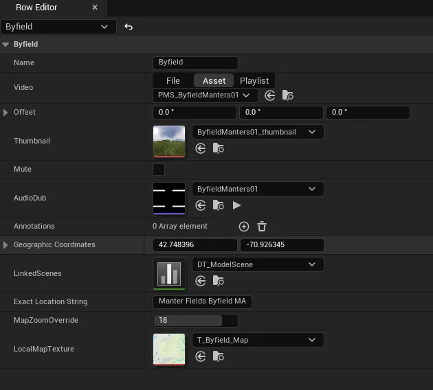 Unreal Data Table row editor for the Byfield site: video, offset, thumbnail, narration, coordinates, linked scenes, and local map