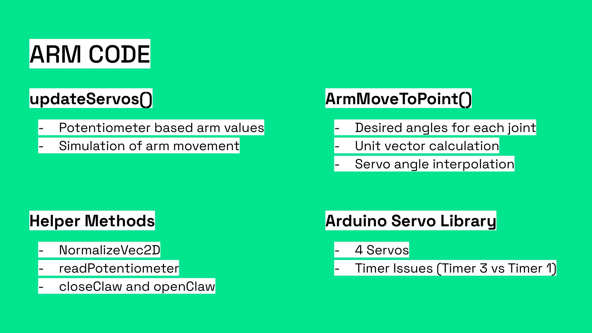 Arm code overview: updateServos, ArmMoveToPoint, helper methods, and the Arduino Servo library